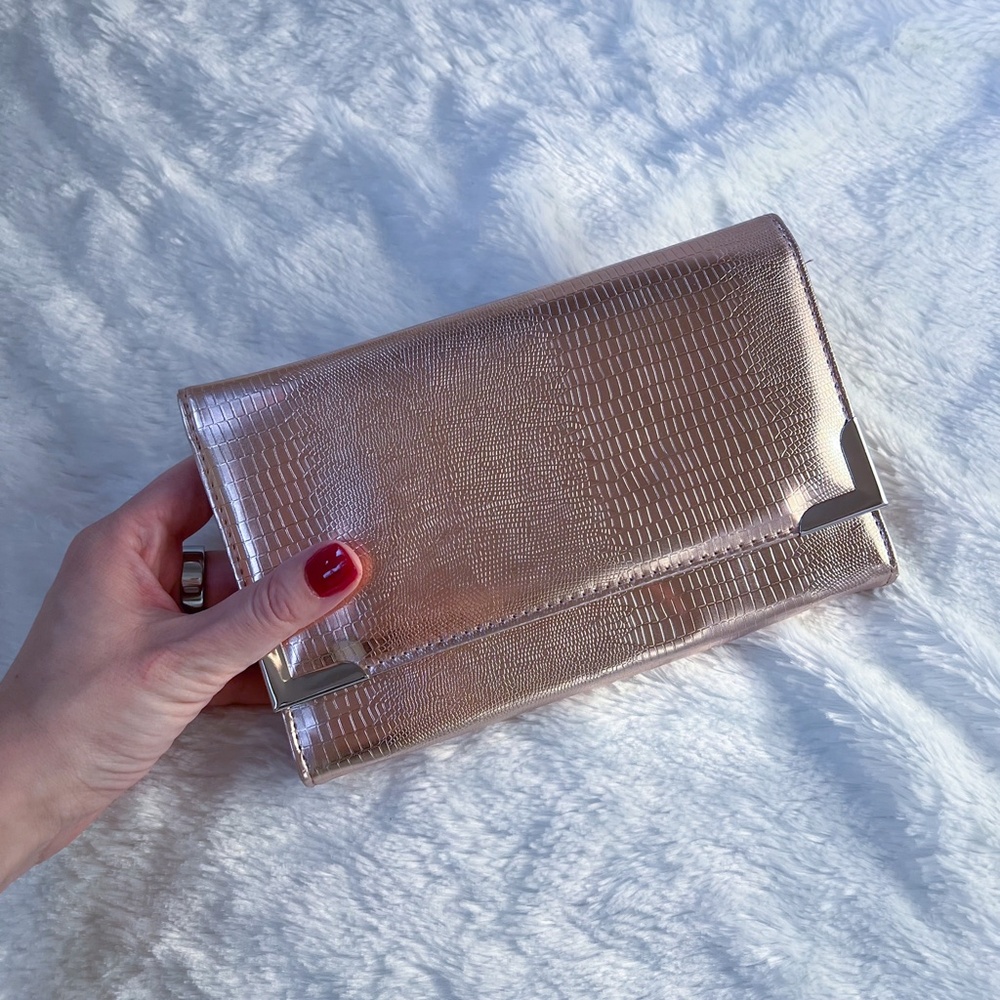 NWT Style&Co Pink Bronze Metallic Embossed Evening Flap Shoulder Bag Clutch